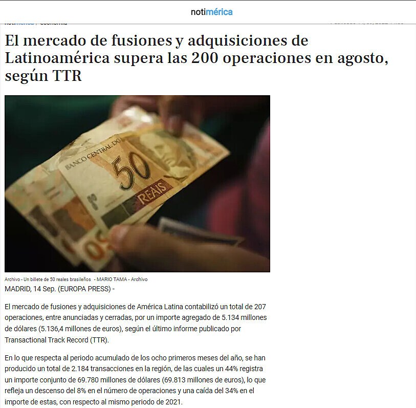 El mercado de fusiones y adquisiciones de Latinoamrica supera las 200 operaciones en agosto, segn TTR